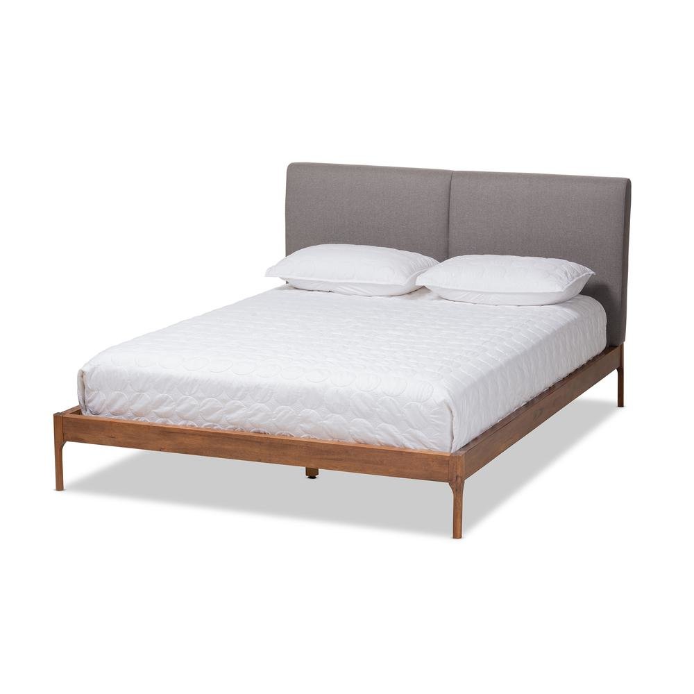 Grey Fabric Upholstered Walnut Finished King Size Platform Bed