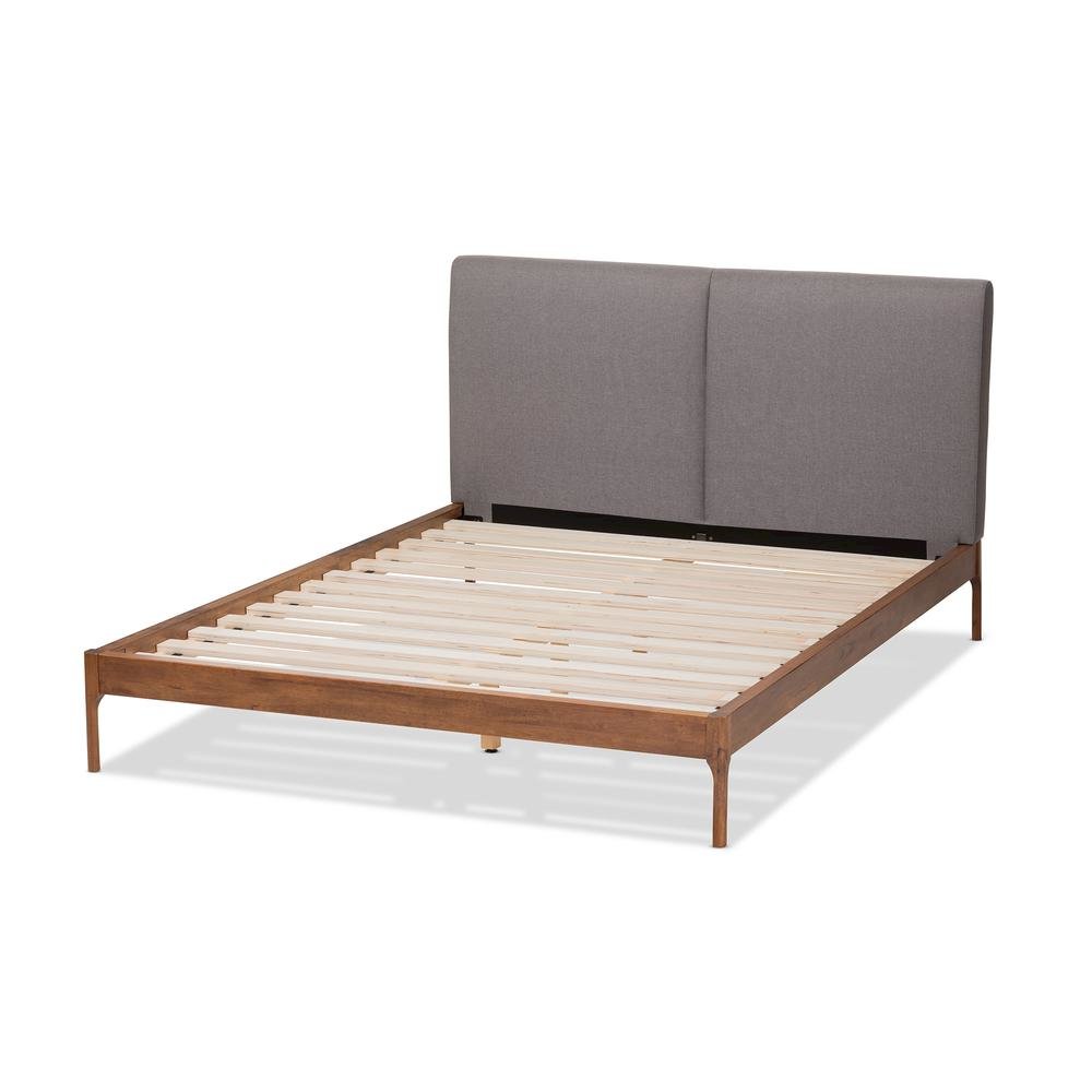 Grey Fabric Upholstered Walnut Finished King Size Platform Bed