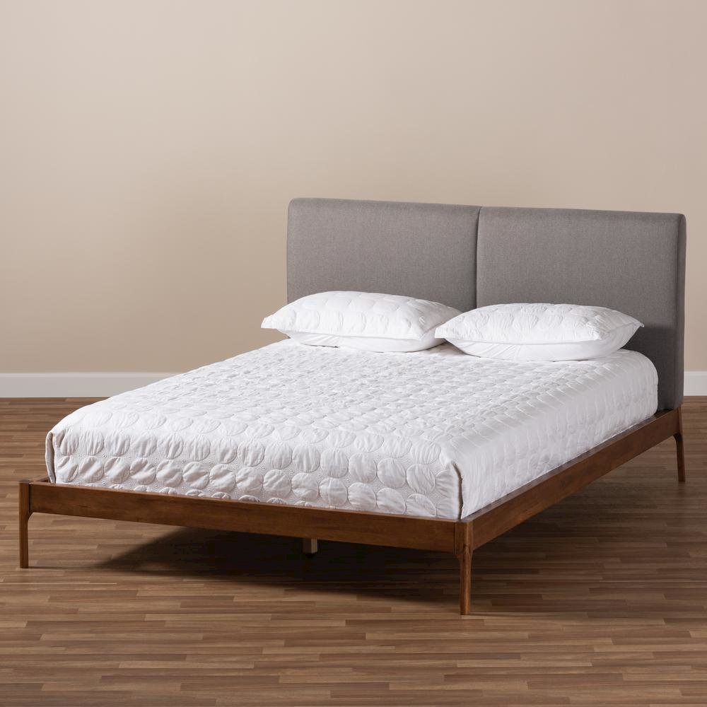 Grey Fabric Upholstered Walnut Finished King Size Platform Bed