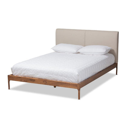 Beige Fabric Upholstered Walnut Finished King Size Platform Bed
