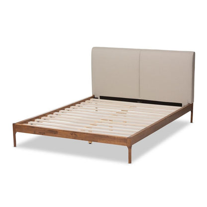 Beige Fabric Upholstered Walnut Finished King Size Platform Bed