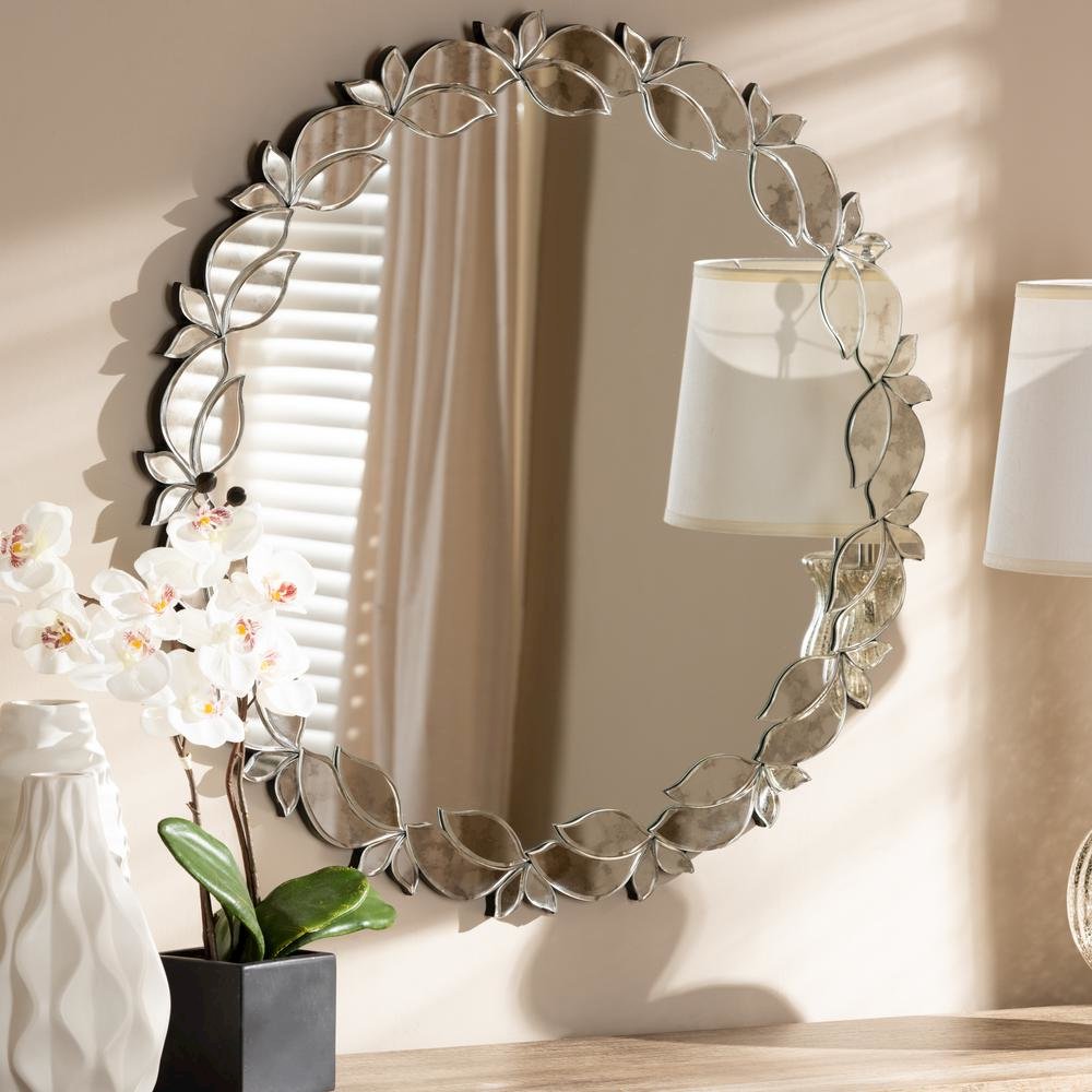 Silver Finished Round Petal Leaf Accent Wall Mirror