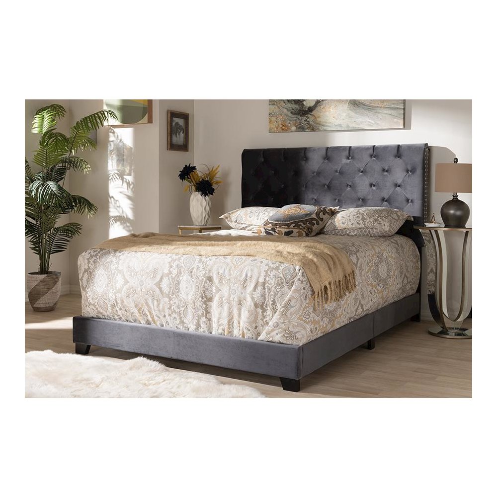 Candace Luxe and Glamour Dark Grey Velvet Upholstered Queen Size Bed