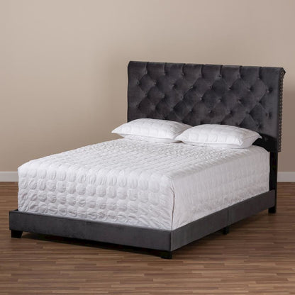 Candace Luxe and Glamour Dark Grey Velvet Upholstered King Size Bed