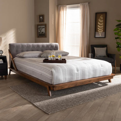 Sante Mid-Century Modern Grey Fabric Upholstered Wood Queen Size Platform Bed