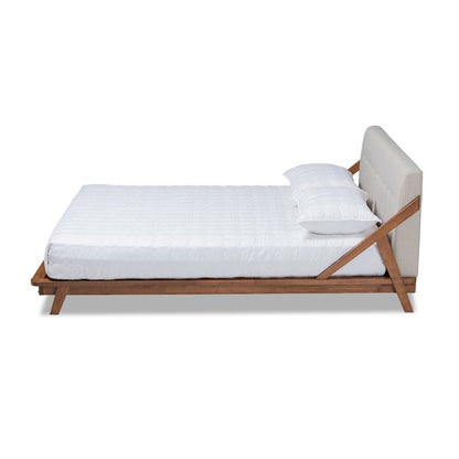 Light Beige Fabric Upholstered Wood King Size Platform Bed
