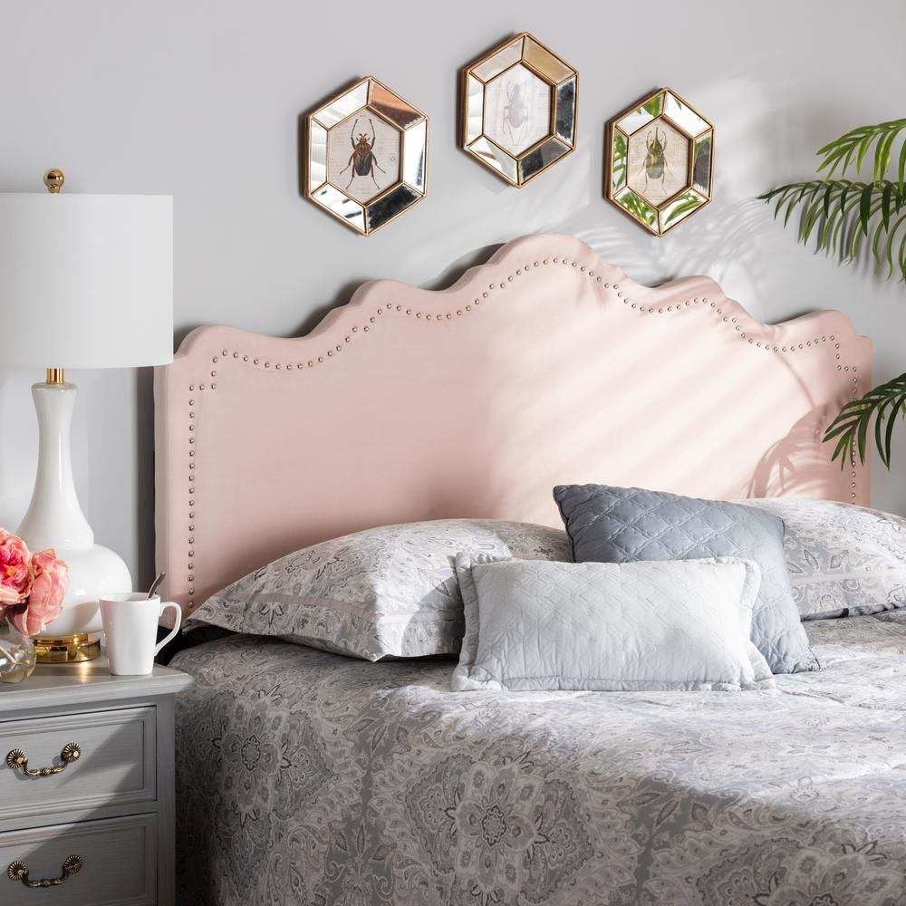 Light Pink Velvet Fabric Upholstered Queen Size Headboard