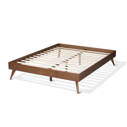 Mid-Century Modern Walnut Brown Finished Wood King Size Platform Bed Frame