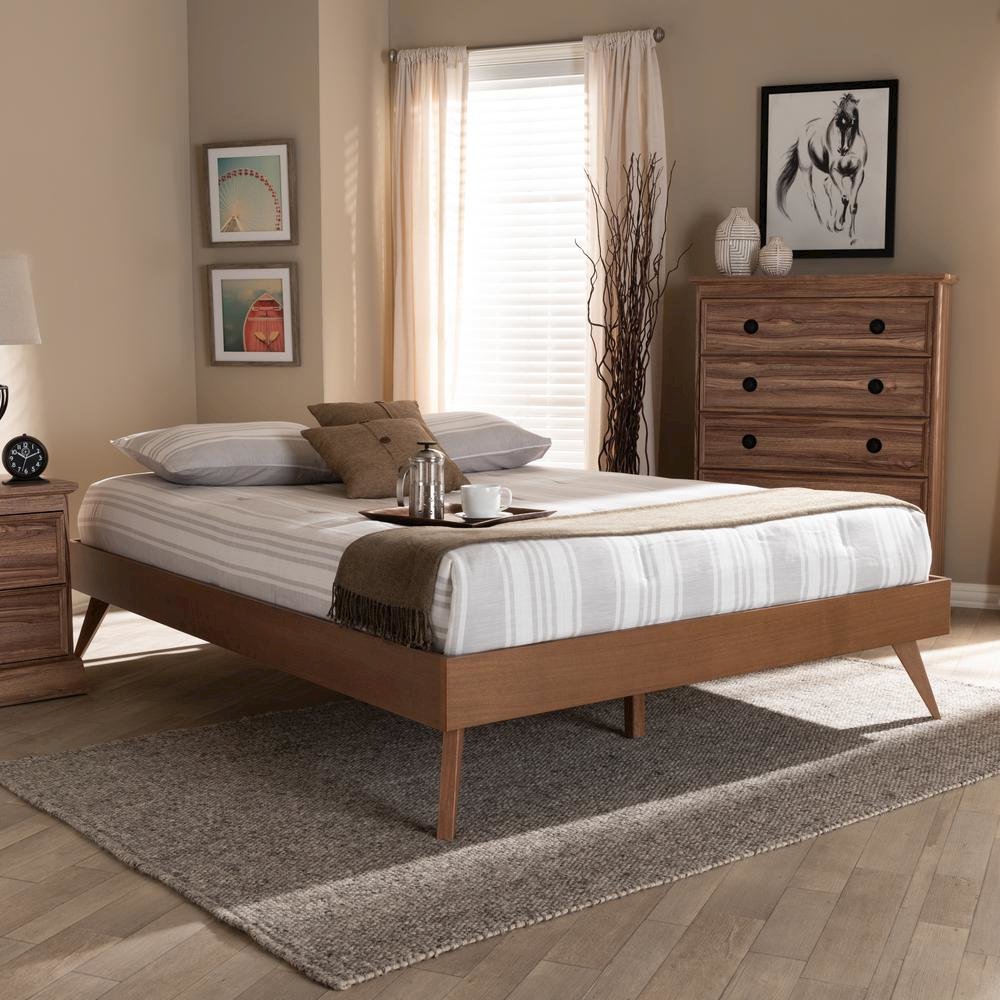 Mid-Century Modern Walnut Brown Finished Wood Queen Size Platform Bed Frame