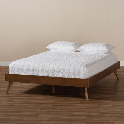 Mid-Century Modern Walnut Brown Finished Wood King Size Platform Bed Frame
