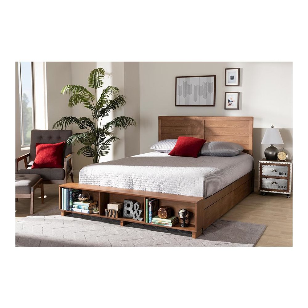 Finished Wood Queen Size 4-Drawer Platform Storage Bed with Built-In Shelves