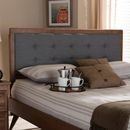Dark Grey Fabric Upholstered Walnut Brown Finished Wood Queen Size Headboard