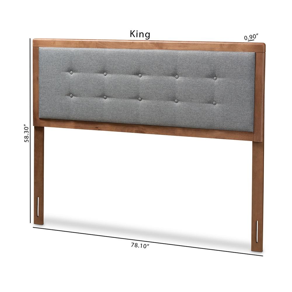 Dark Grey Fabric Upholstered Walnut Brown Finished Wood King Size Headboard