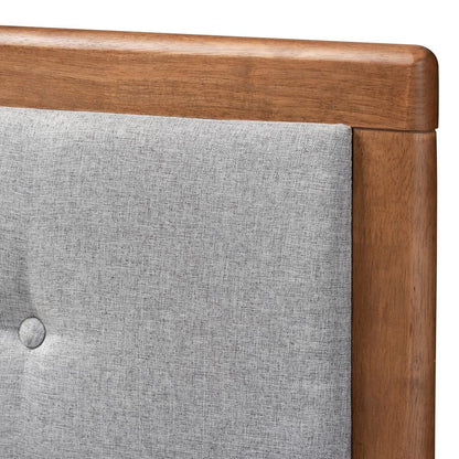 Light Grey Fabric Upholstered Walnut Brown Finished Wood King Size Headboard