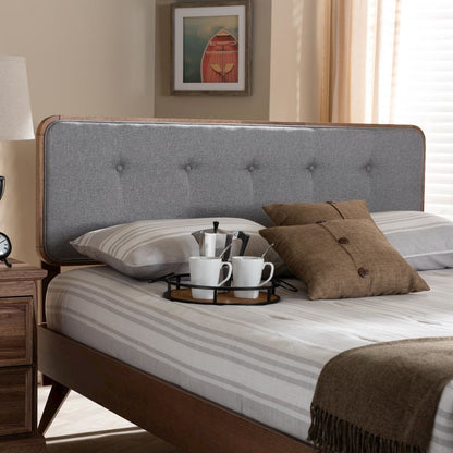 Light Grey Fabric Upholstered Walnut Brown Finished Wood Queen Size Headboard