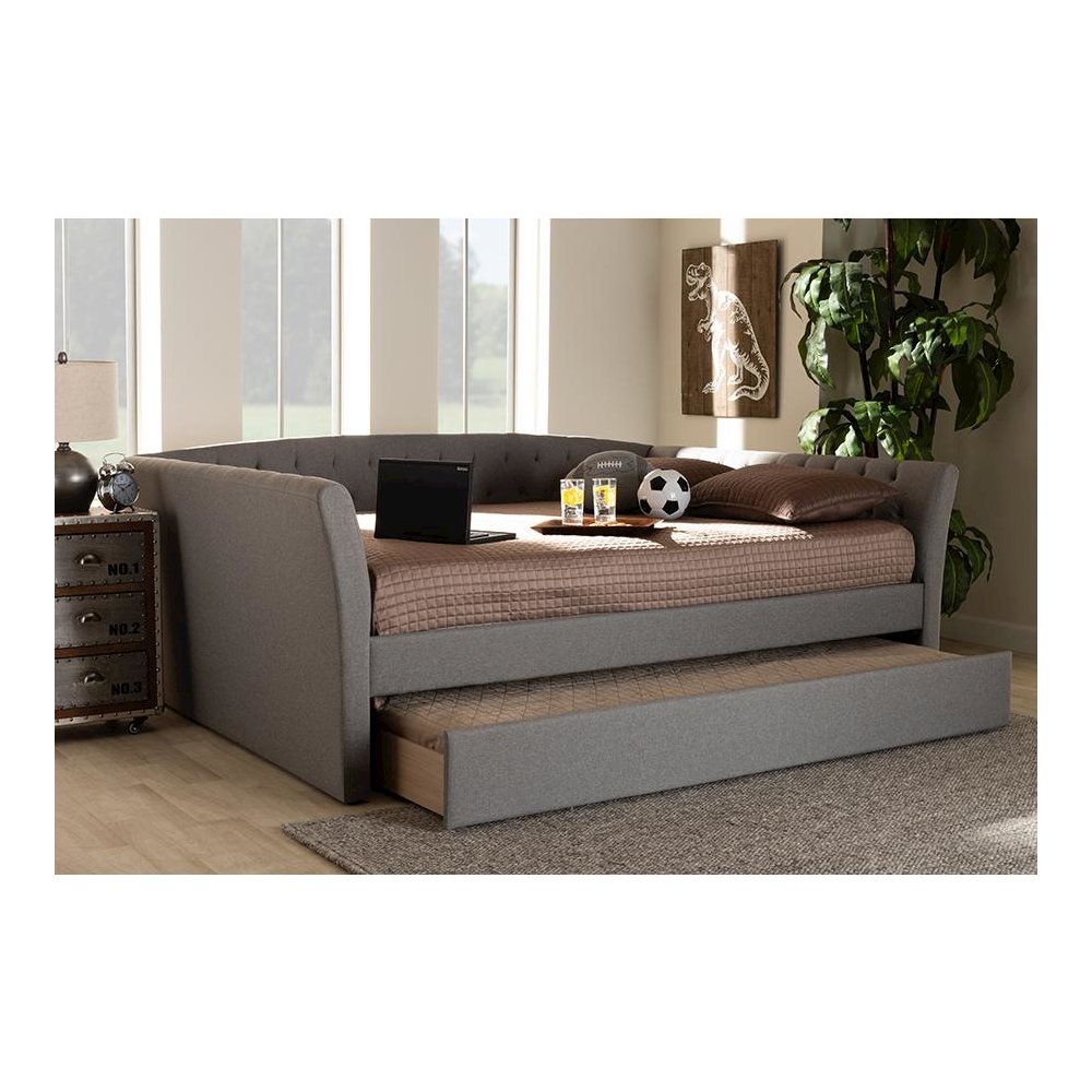 Light Grey Fabric Upholstered Queen Size Daybed with Roll-Out Trundle Bed