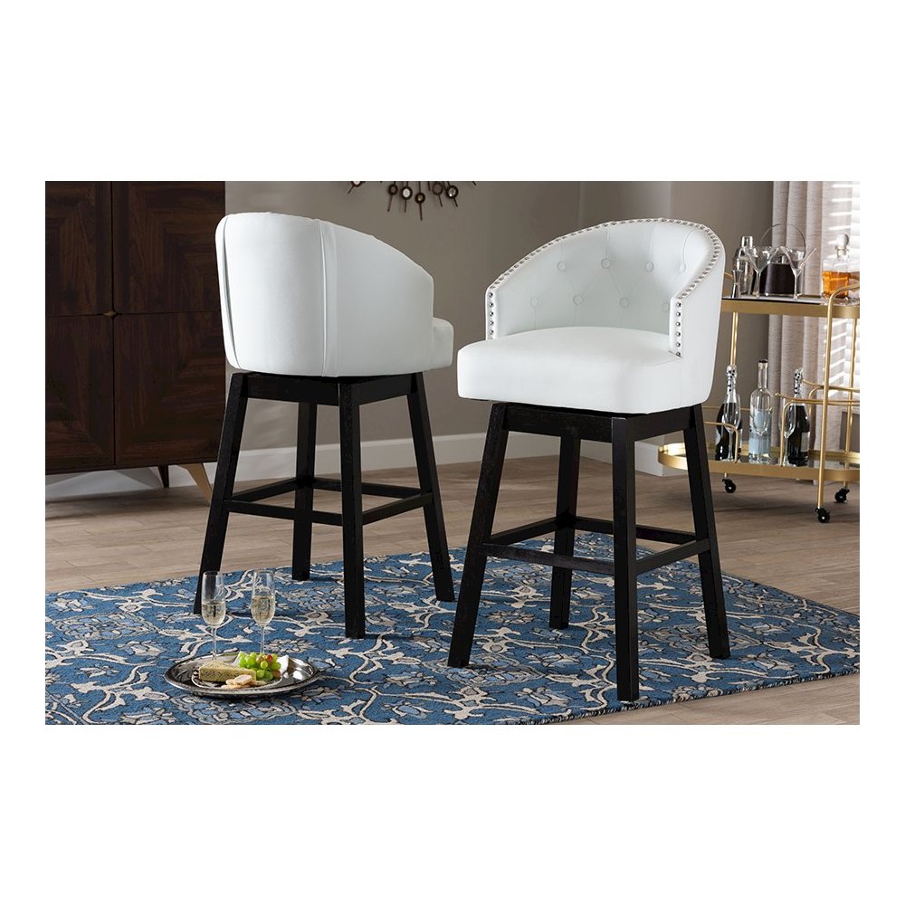 Leather Tufted 2-Piece Swivel Barstool Set with Nail heads Trim
