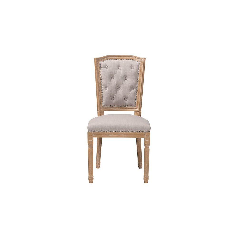 Cottage Weathered Oak Beige Fabric Button-tufted Upholstered Dining Chair