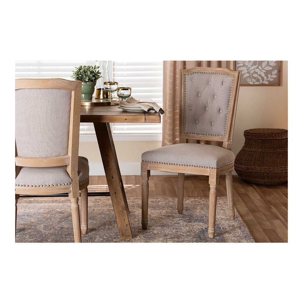 Cottage Weathered Oak Beige Fabric Button-tufted Upholstered Dining Chair