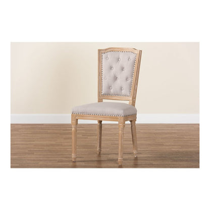 Cottage Weathered Oak Beige Fabric Button-tufted Upholstered Dining Chair