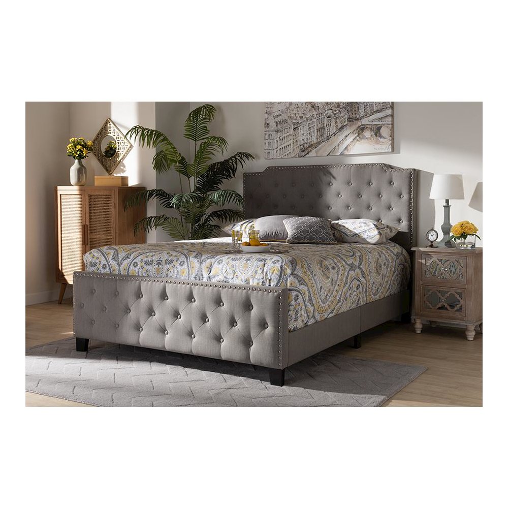 Transitional Grey Fabric Upholstered Button Tufted King Size Panel Bed