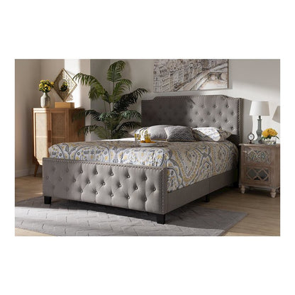 Transitional Grey Fabric Upholstered Button Tufted King Size Panel Bed