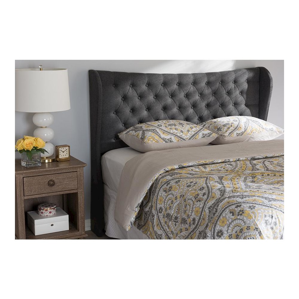Dark Grey Fabric Button-Tufted King Size Winged Headboard
