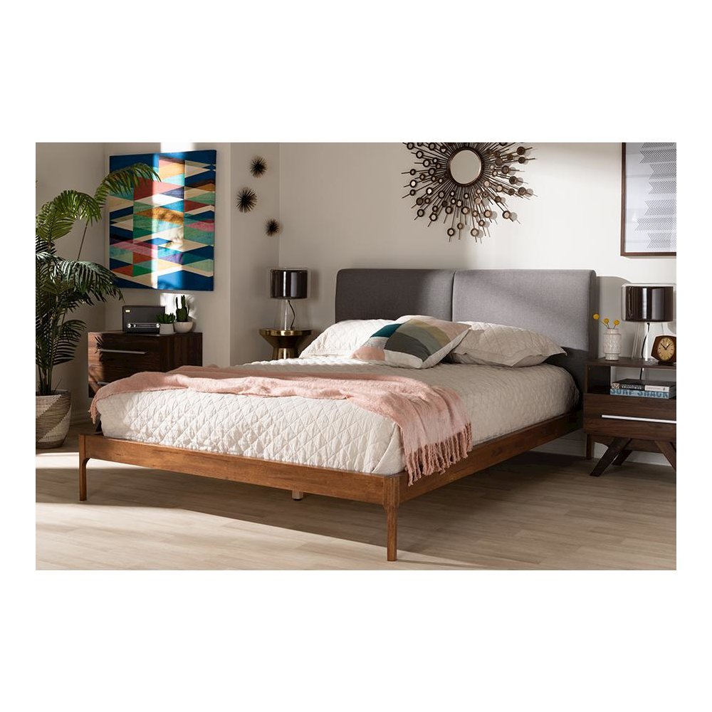 Grey Fabric Upholstered Walnut Finished King Size Platform Bed