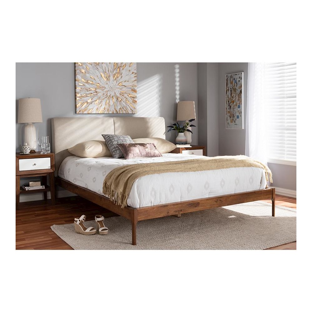 Beige Fabric Upholstered Walnut Finished King Size Platform Bed
