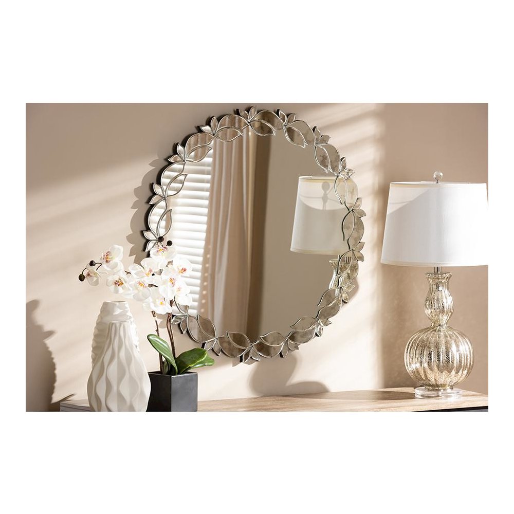 Silver Finished Round Petal Leaf Accent Wall Mirror