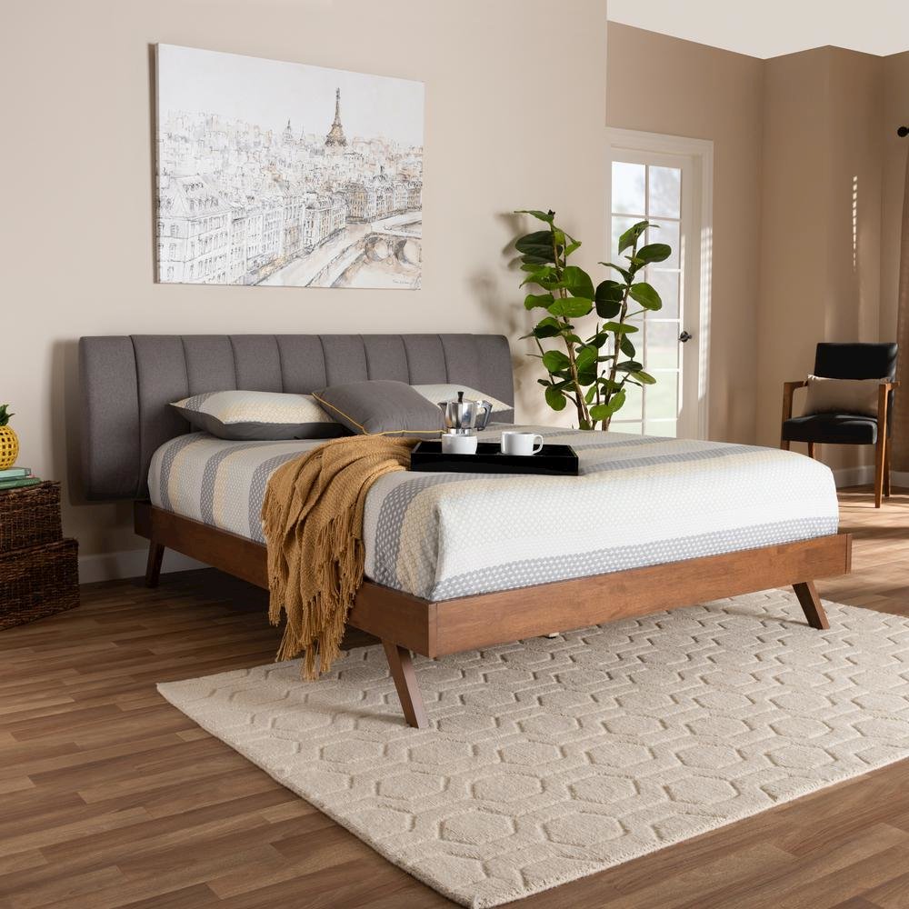 Grey Fabric Upholstered Walnut Finished Wood King Size Bed
