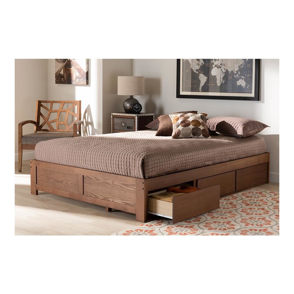 Walnut Finished 3-Drawer King Size Platform Storage Bed Frame