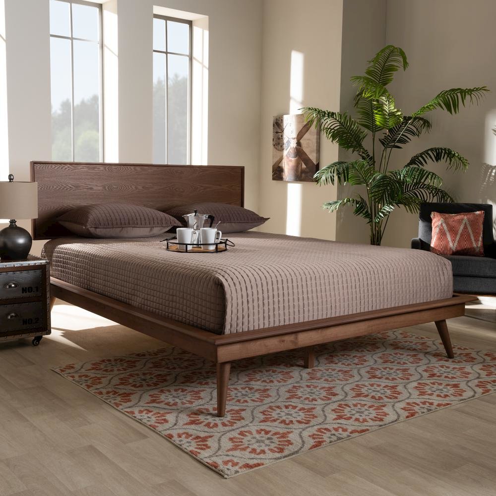 Karine Mid-Century Modern Walnut Brown Finished Wood Queen Size Platform Bed