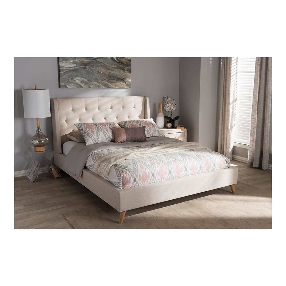 Adelaide Retro Modern Light Beige Fabric Upholstered King Size Platform Bed