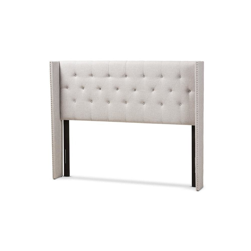 Greyish Beige Fabric Button-Tufted Nail head King Size Winged Headboard