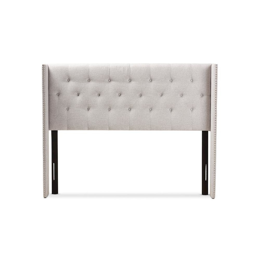 Greyish Beige Fabric Button-Tufted Nail head King Size Winged Headboard