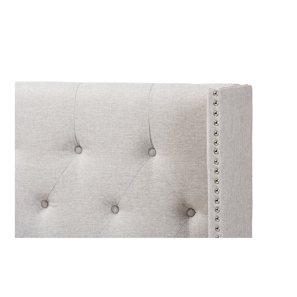 Greyish Beige Fabric Button-Tufted Nail head King Size Winged Headboard