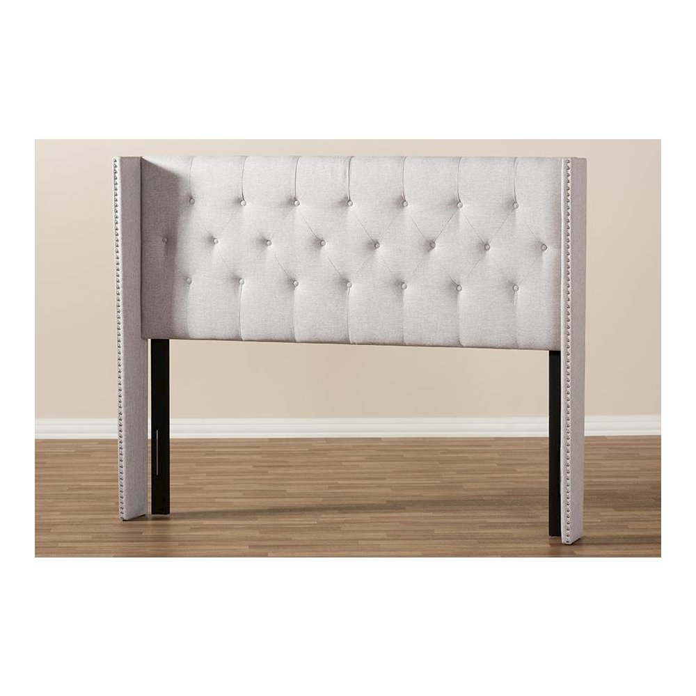 Greyish Beige Fabric Button-Tufted Nail head King Size Winged Headboard