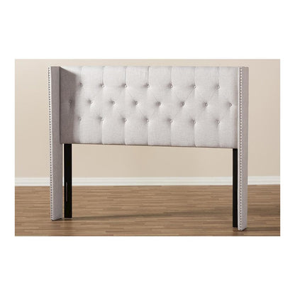 Greyish Beige Fabric Button-Tufted Nail head King Size Winged Headboard