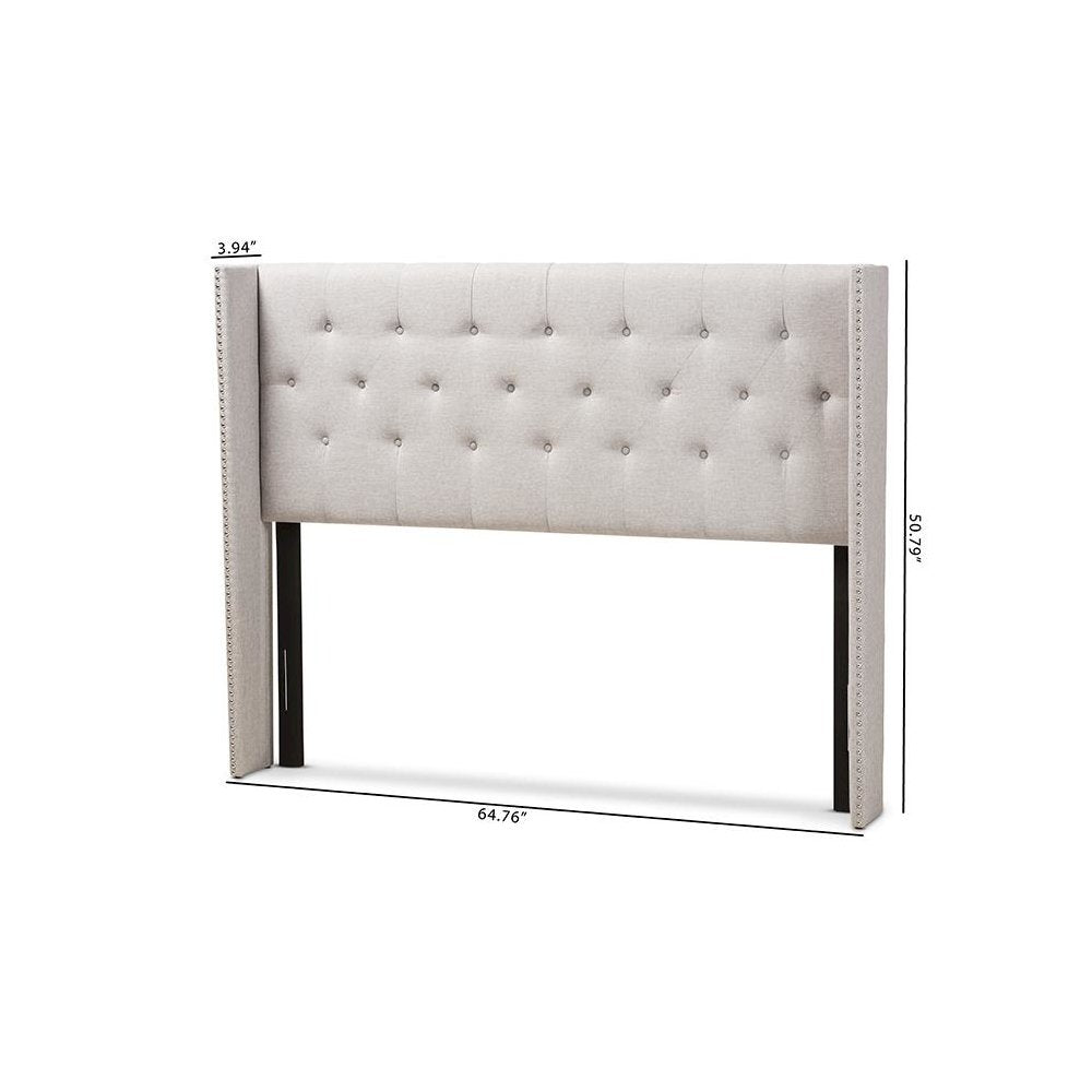 Greyish Beige Fabric Button-Tufted Nail head King Size Winged Headboard