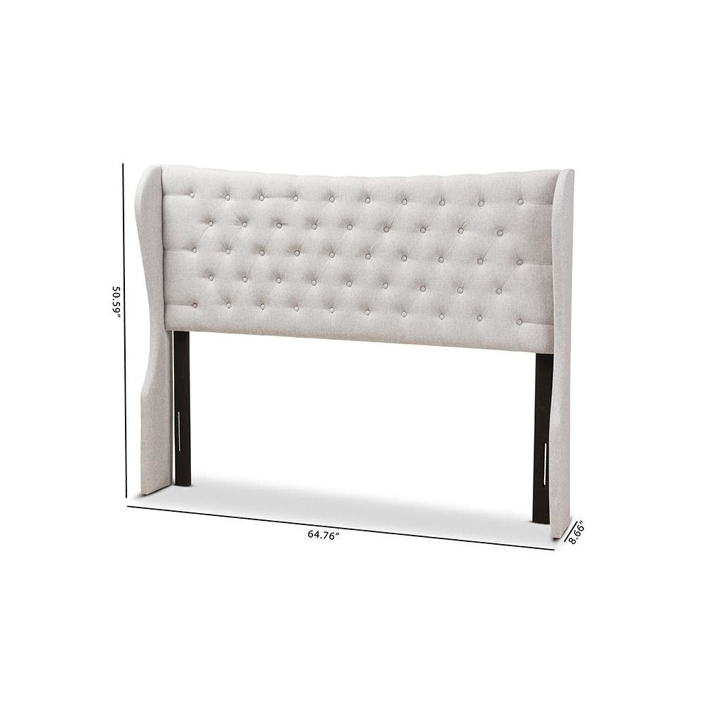 Greyish Beige Fabric Button-Tufted Queen Size Winged Headboard