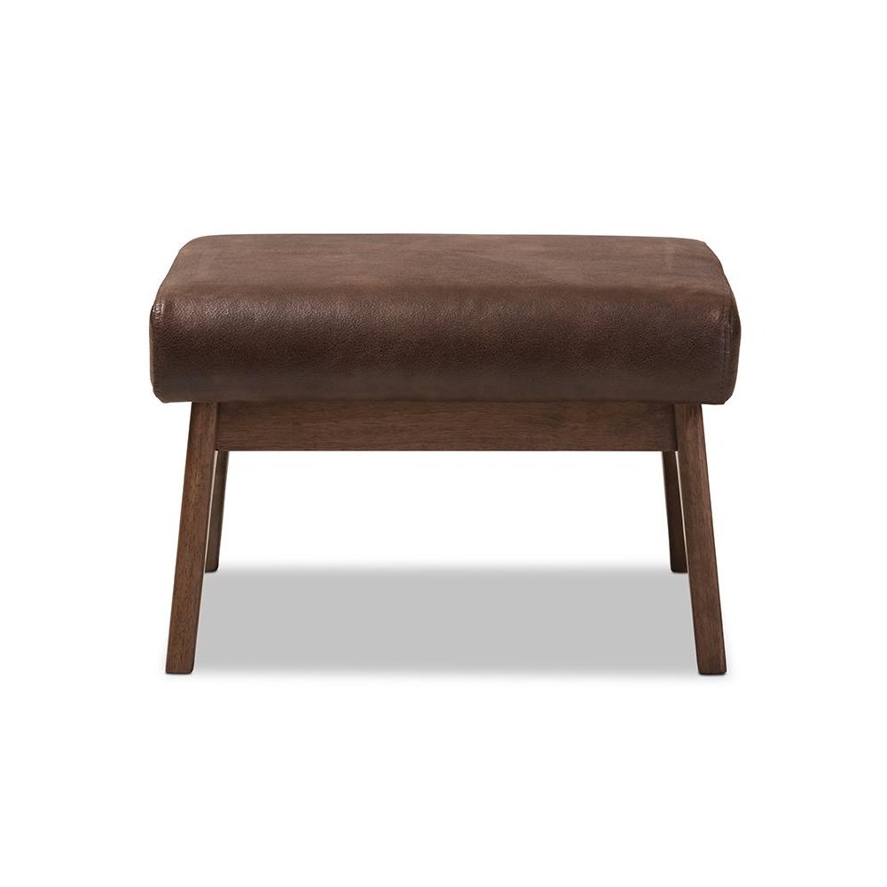 Bianca Mid-Century Modern Walnut Wood Dark Brown Distressed Faux Leather Ottoman