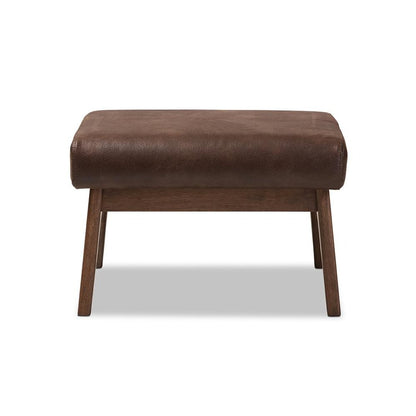 Bianca Mid-Century Modern Walnut Wood Dark Brown Distressed Faux Leather Ottoman