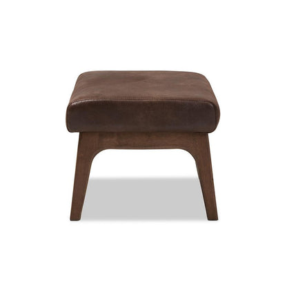 Bianca Mid-Century Modern Walnut Wood Dark Brown Distressed Faux Leather Ottoman