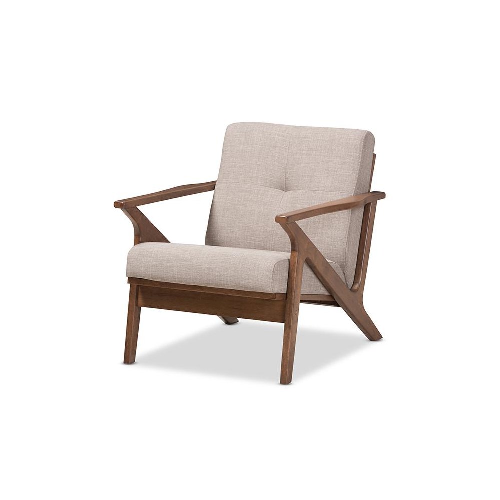 Bianca Mid-Century Modern Walnut Wood Light Grey Fabric Tufted Lounge Chair
