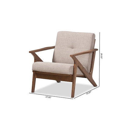 Bianca Mid-Century Modern Walnut Wood Light Grey Fabric Tufted Lounge Chair