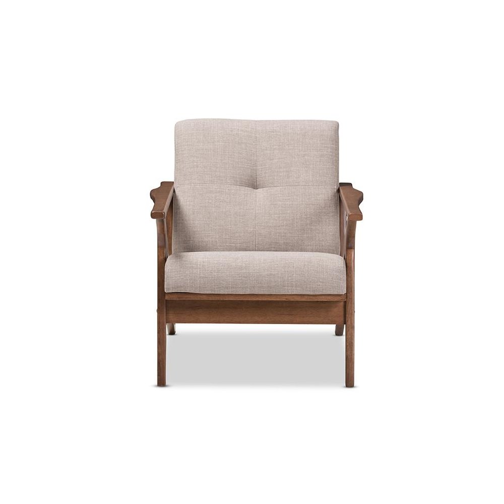 Bianca Mid-Century Modern Walnut Wood Light Grey Fabric Tufted Lounge Chair