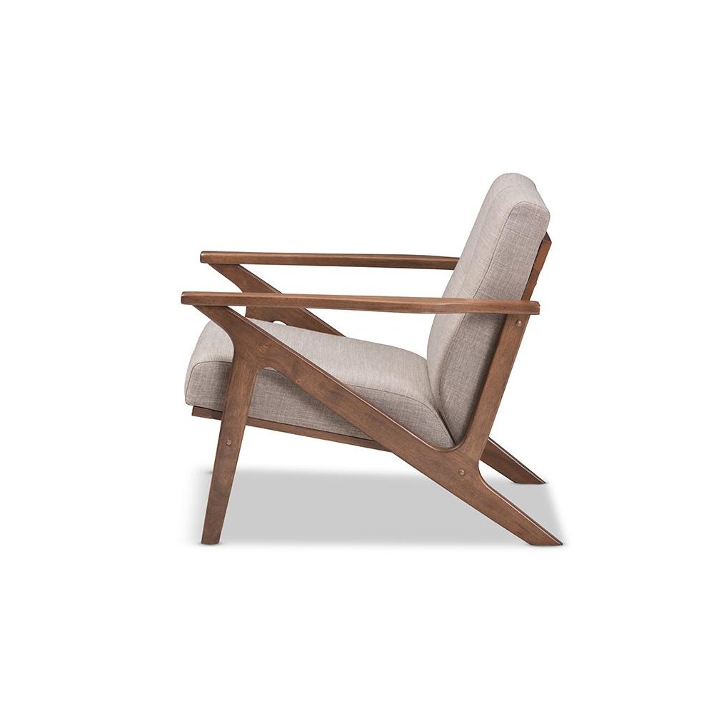 Bianca Mid-Century Modern Walnut Wood Light Grey Fabric Tufted Lounge Chair