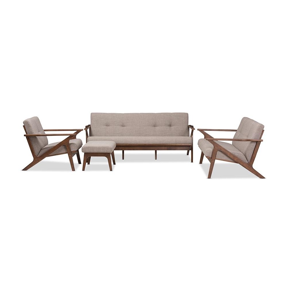Walnut Wood Light Grey Fabric Tufted Livingroom Sofa Set