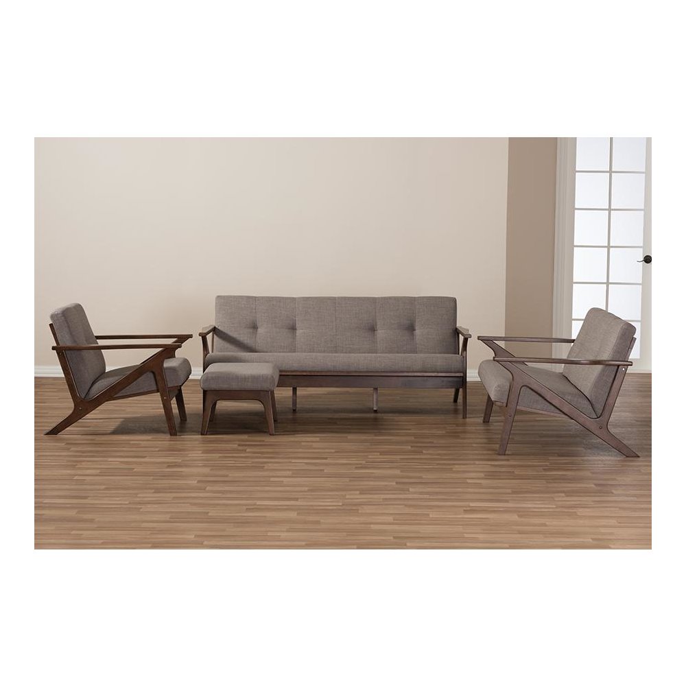Walnut Wood Light Grey Fabric Tufted Livingroom Sofa Set